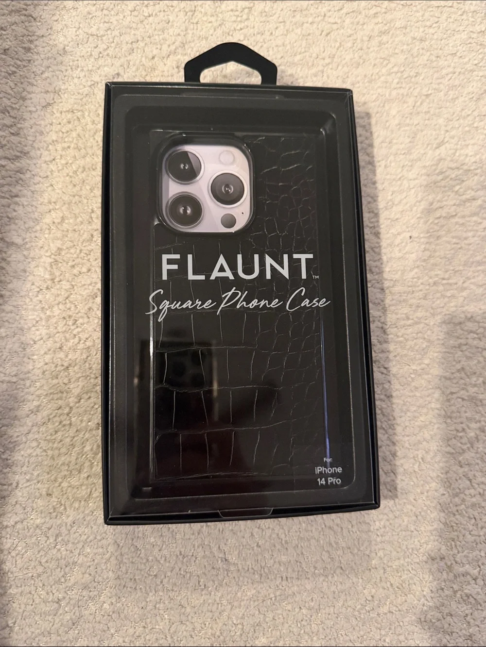 Flaunt Black Croc-Texture Square Phone Case for iPhone 14 Pro